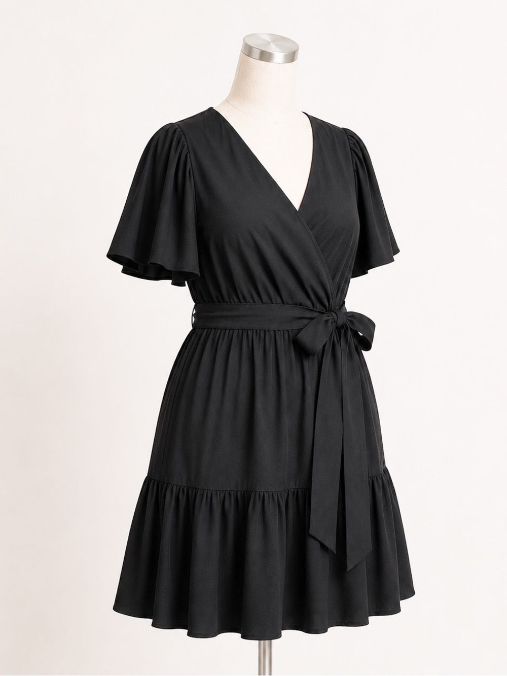 City Chic Catherine Faux Wrap Tiered Dress Tie Waist Flutter Sleeve Black 20 NEW - Picture 4 of 12